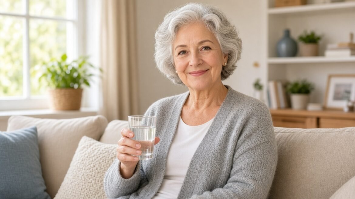 Older adult at home holding a glass of water in soft natural window light