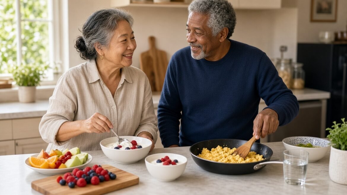Smiling older couple preparing a simple high-protein breakfast with Greek yogurt, eggs, and fruit in a warm home kitchen
