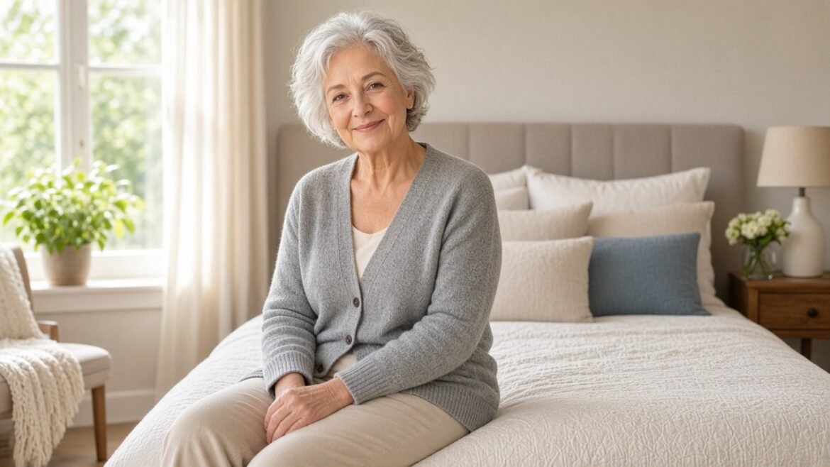 Older adult resting calmly on the edge of a sunlit bedroom bed