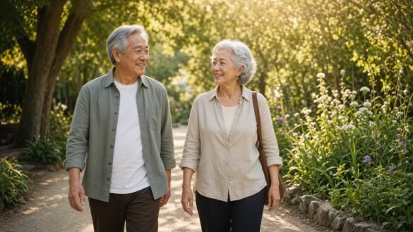 Older couple walking together on a sunlit garden path